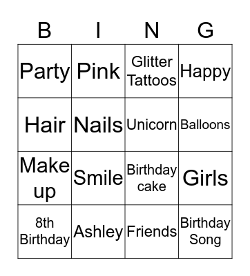 Ashley's Pamper Party  Bingo Card