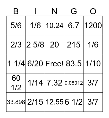 Fraction  & Decimal Operation Review Bingo Card