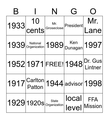 FFA Intro Bingo Card