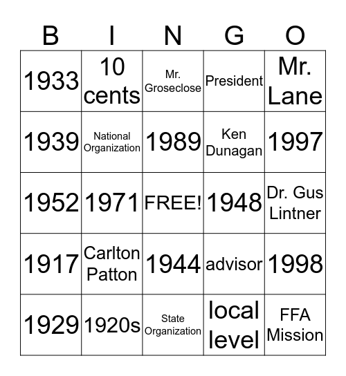 FFA Intro Bingo Card
