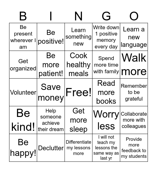 New Year's Resolutions Bingo Card