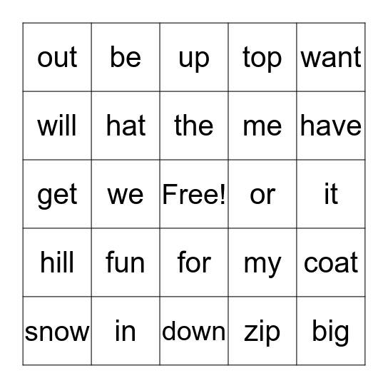 Fun in the Snow Bingo Card