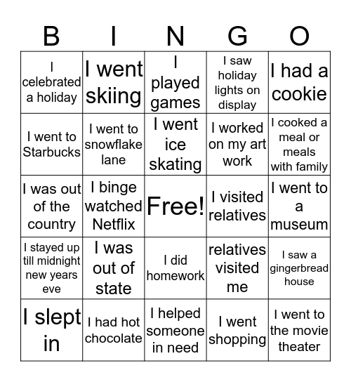 Winter Break Bingo Card