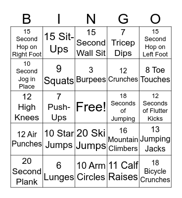 Fitness Bingo Card