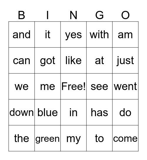 Sight Word Bingo Card