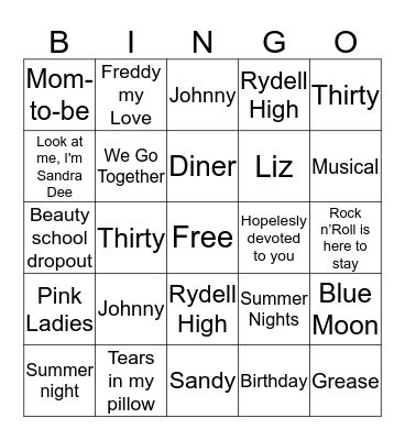 Liz's Grease Lightening 30! Bingo Card
