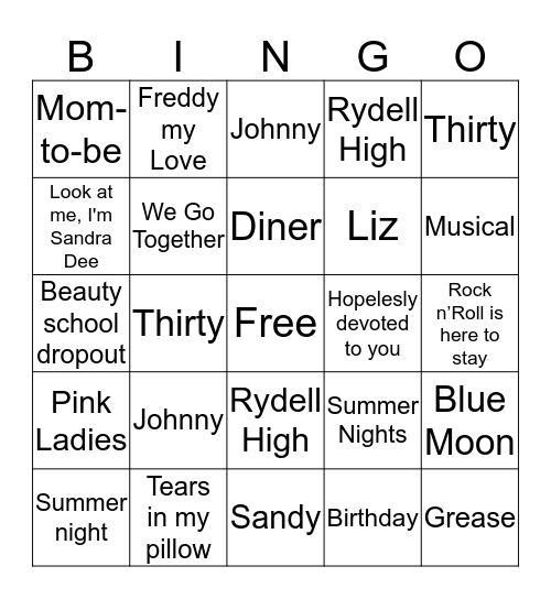 Liz's Grease Lightening 30! Bingo Card