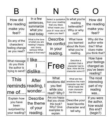 Reader Response BINGO Card