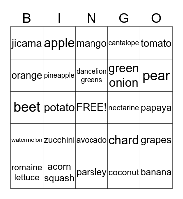 NUTRITION  BINGO Card