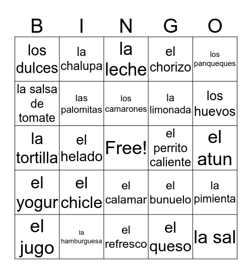 La Comida Bingo Card