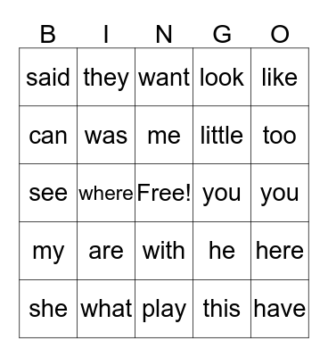 Sight Words Bingo Card