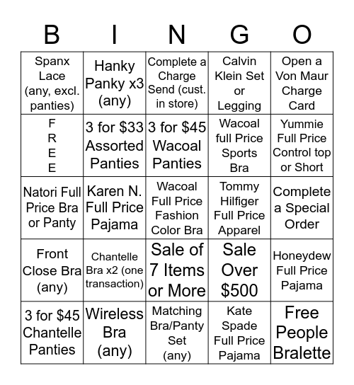 Lingerie Bingo  Bingo Card