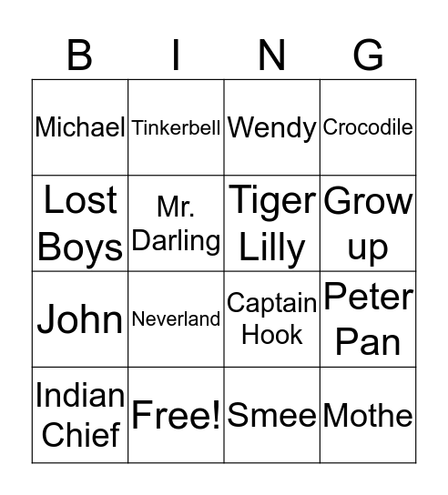 Peter Pan Bingo Card