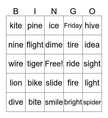 Long /i/ Bingo Card
