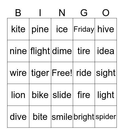 Long /i/ Bingo Card