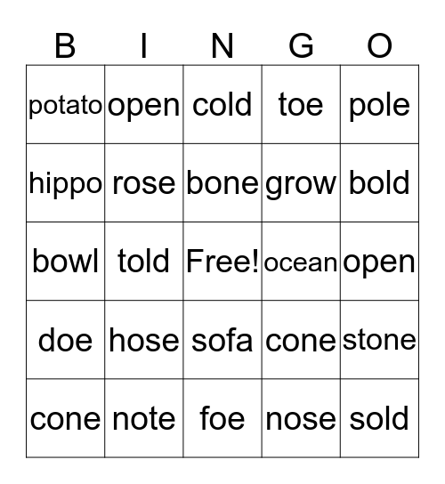 Long /o/ Bingo Card