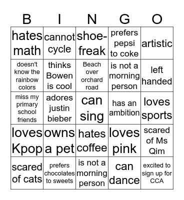 knowing your classmates Bingo Card