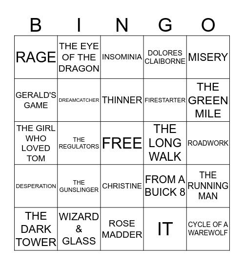 Stephen King Bingo Card