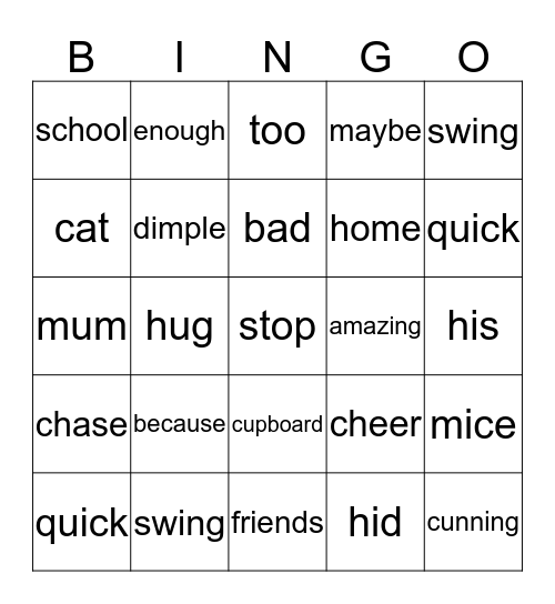 Splat the Cat Bingo Card