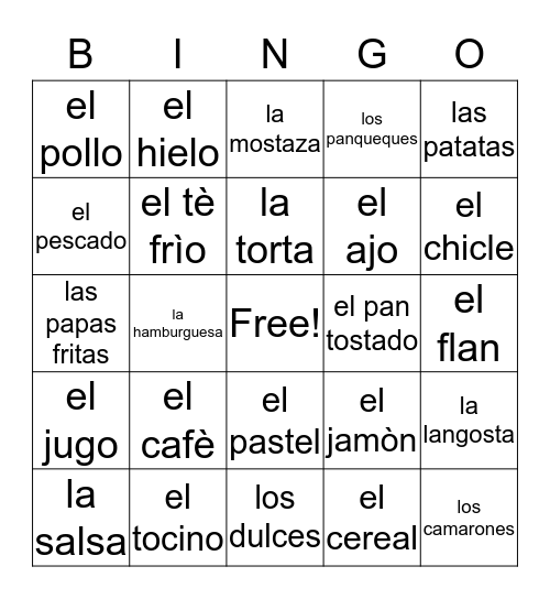 la comida Bingo Card