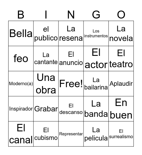 Unit 4 Spanish Bingo Card