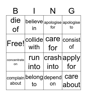 Prepositional Verbs Bingo Card