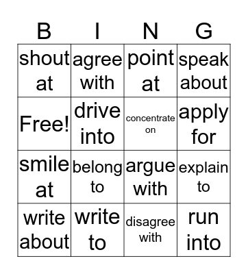 Prepositional Verbs Bingo Card