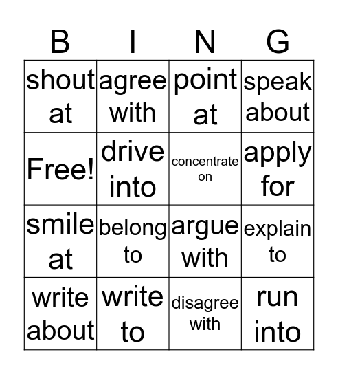 Prepositional Verbs Bingo Card