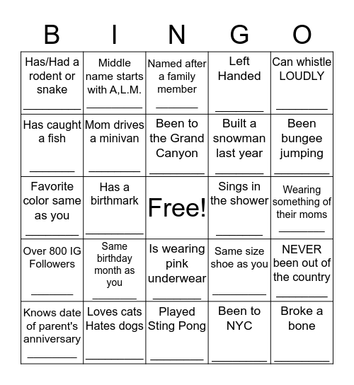 GET TO KNOW YOU BINGO Card