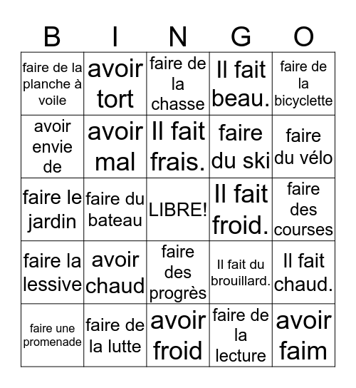 Les Expressions Idiomatiques Bingo Card