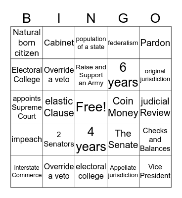 Principles of the Constitution Bingo Card