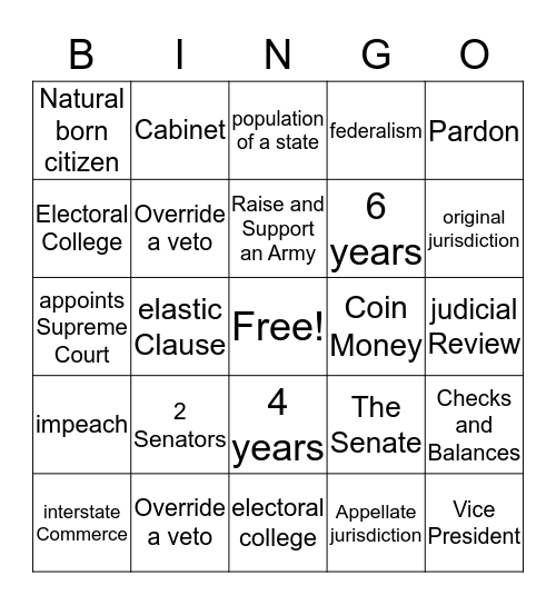 Principles of the Constitution Bingo Card