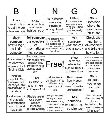 First Day of Class Bingo Card