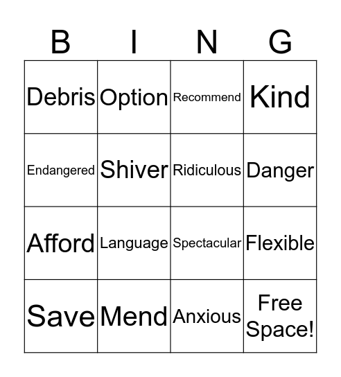 Vocabulary  Bingo Card