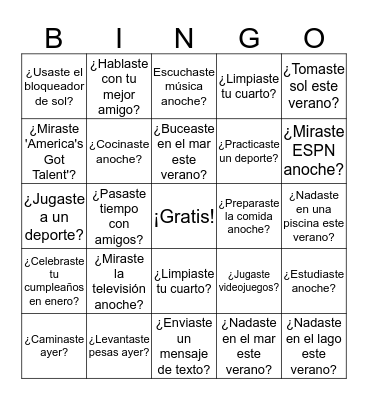 Preterite (-ar verbs) Bingo Card