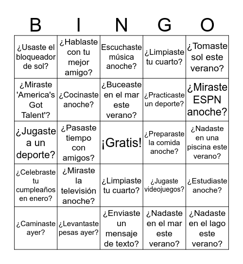 Preterite (-ar verbs) Bingo Card