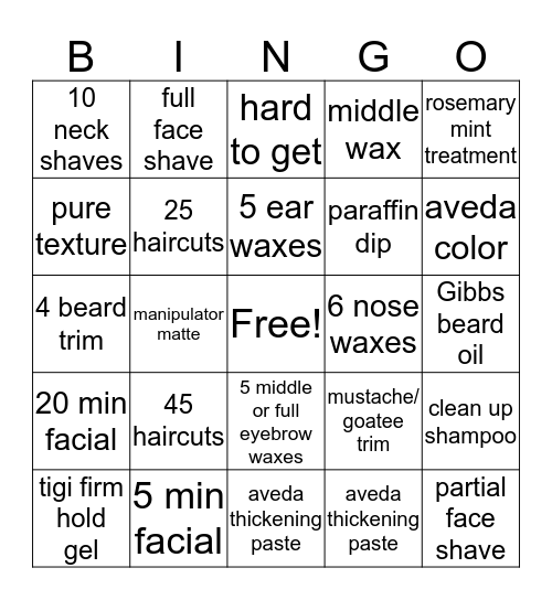 Mens Hair Co Bingo Card