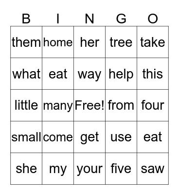 Sight Word Bingo Card