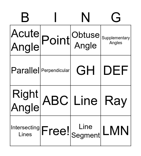 Lines, Points, Angles, Rays Bingo Card