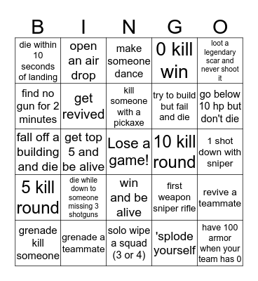 Fortnite sqauds Bingo Card