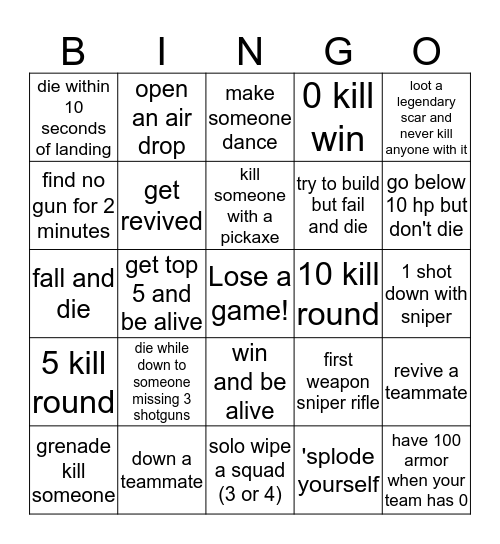 Fortnite sqauds Bingo Card
