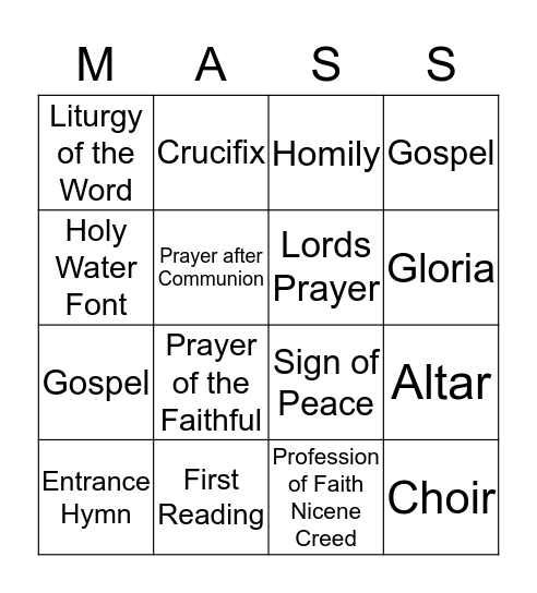 Mass Parts Bingo Card