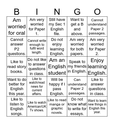 English and You Bingo Card