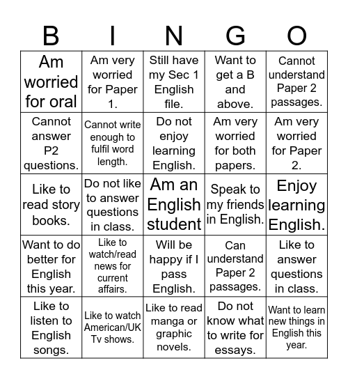 English and You Bingo Card