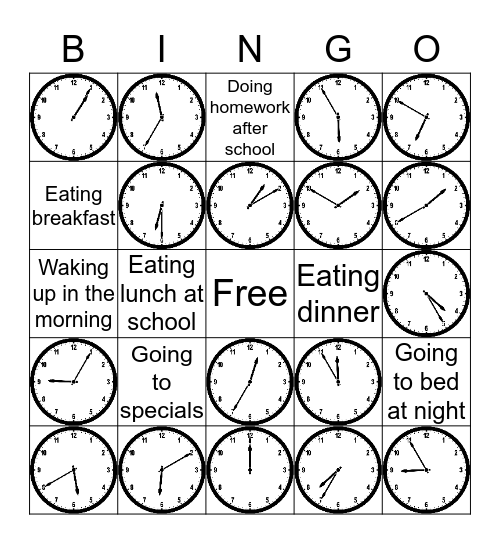 Time to the 5 minute Bingo Card