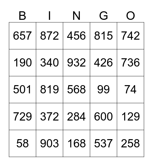 Place Value Bingo Card