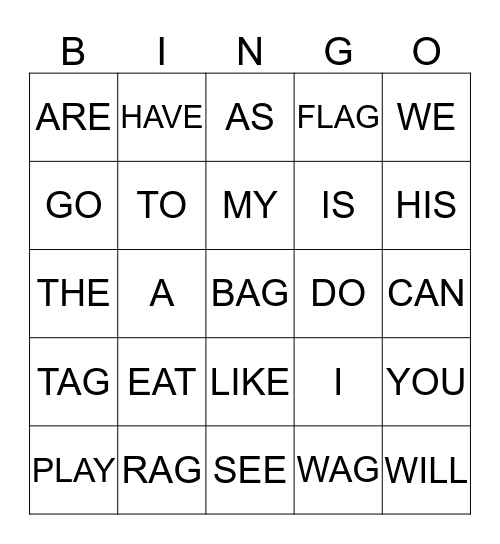 SIGHT WORDS / -AG WORDS Bingo Card