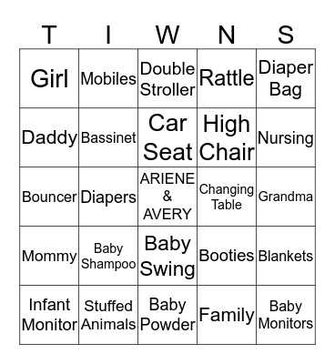 Ariene & Avery's Baby Shower Bingo Card