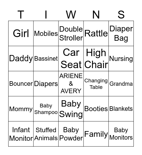 Ariene & Avery's Baby Shower Bingo Card