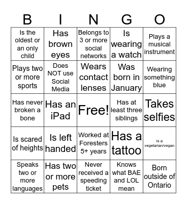 Get To Know One Another Bingo Card